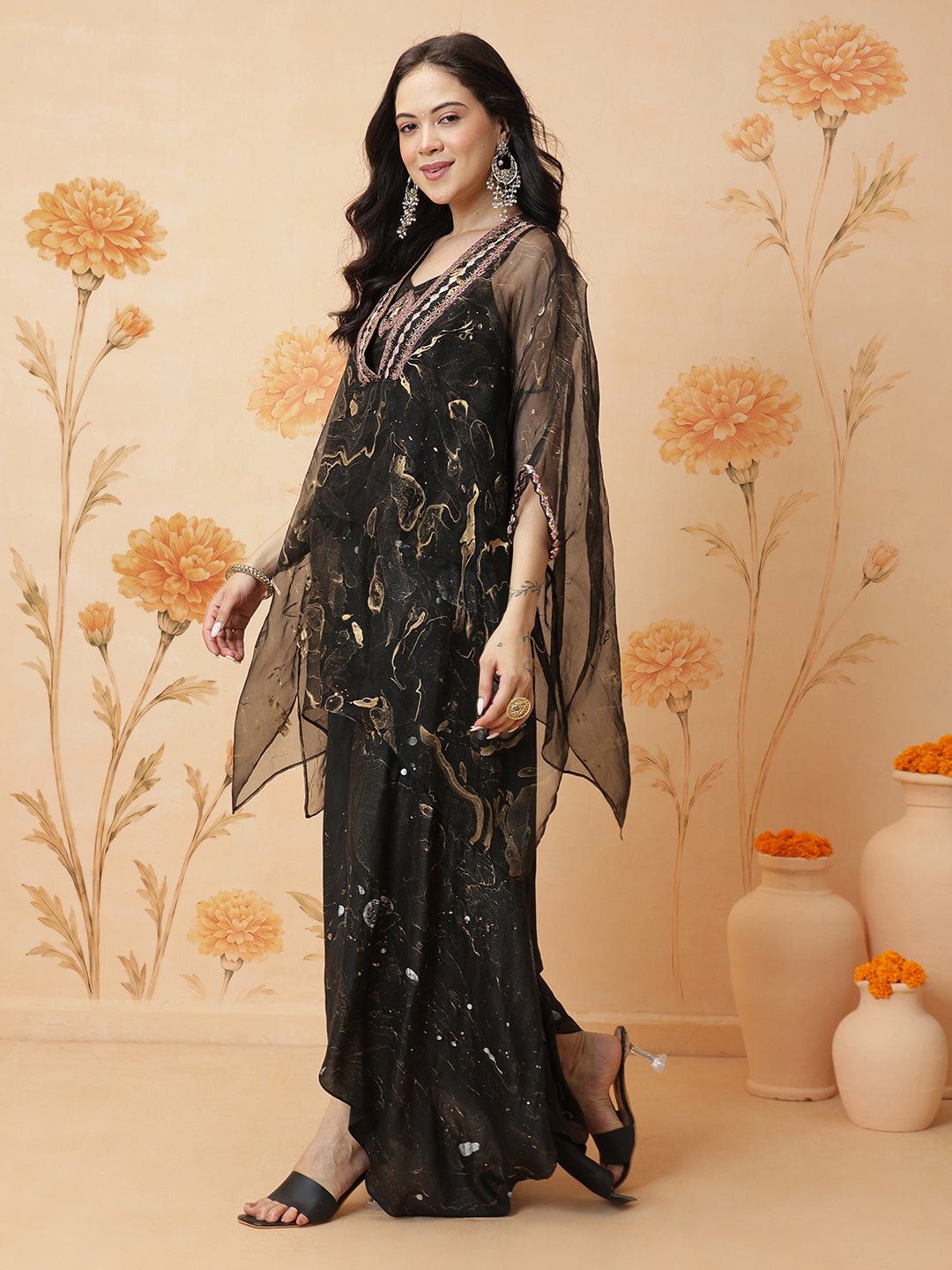 Marble Print Top With Skirt - Black - Charkha TalesMarble Print Top With Skirt - Black