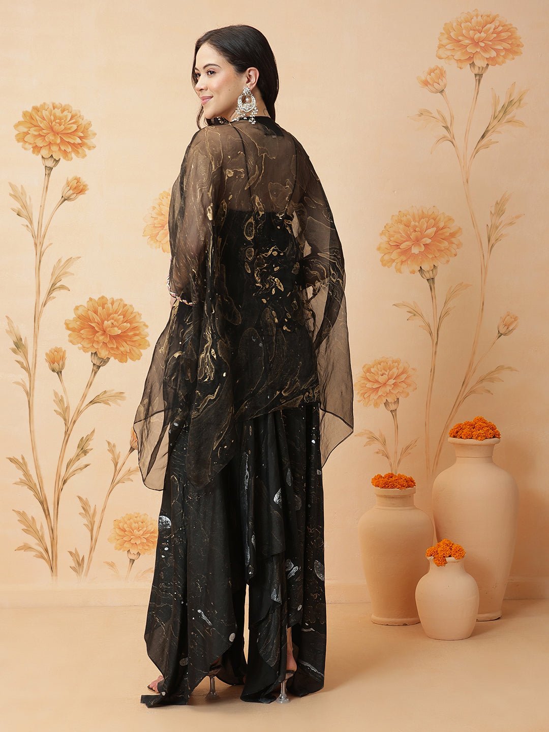 Marble Print Top With Skirt - Black - Charkha TalesMarble Print Top With Skirt - Black