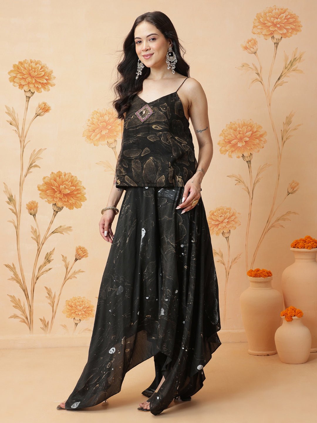 Marble Print Top With Skirt - Black - Charkha TalesMarble Print Top With Skirt - Black