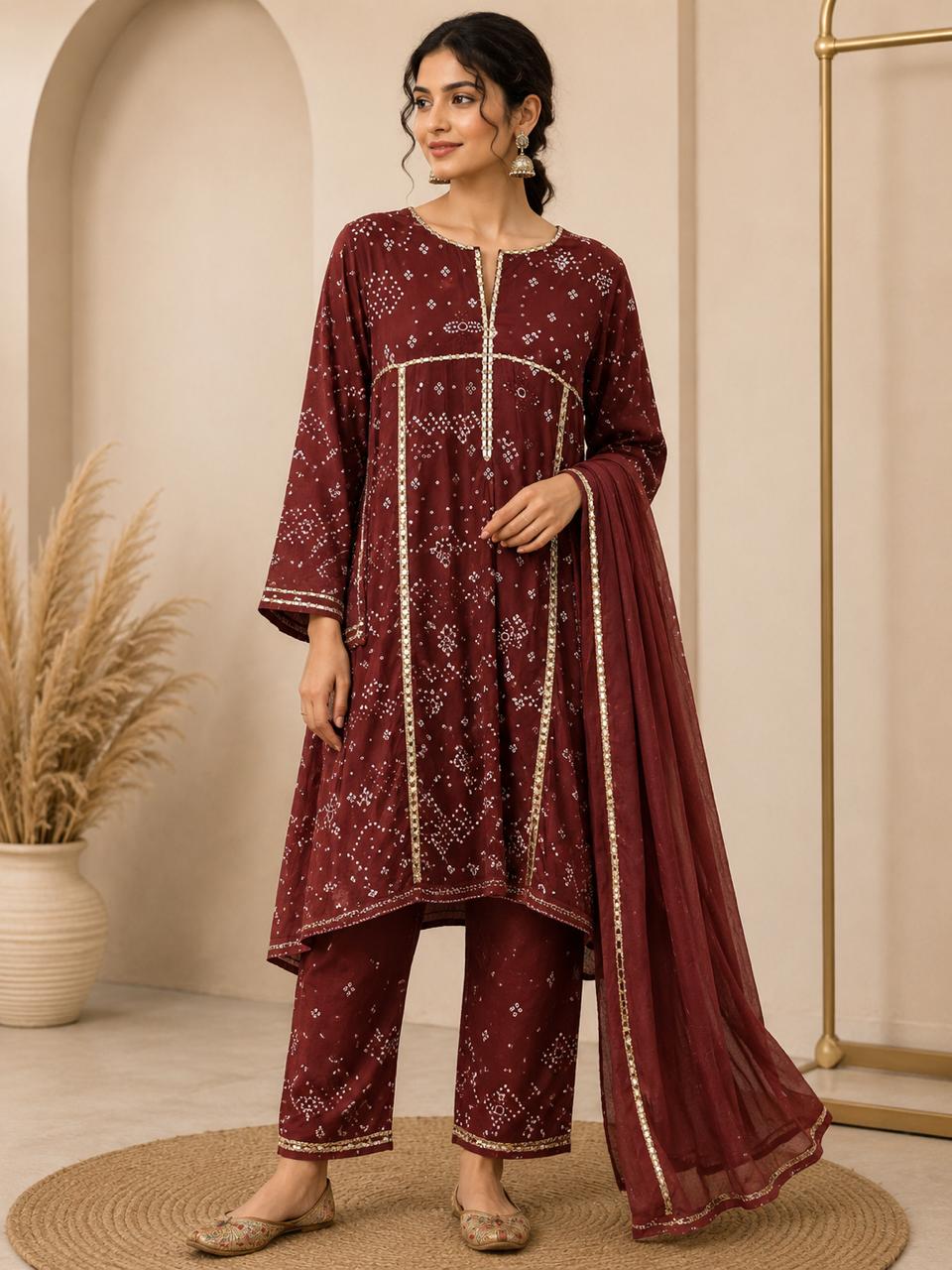 Maroon Bandhani Indian Prints Kurta Set - Charkha TalesMaroon Bandhani Indian Prints Kurta Set