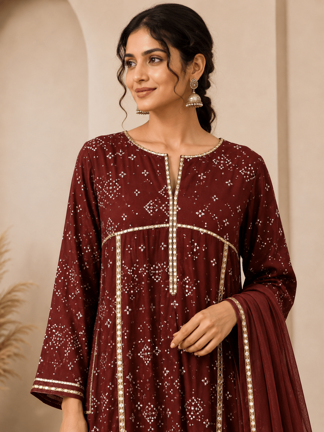 Maroon Bandhani Indian Prints Kurta Set - Charkha TalesMaroon Bandhani Indian Prints Kurta Set