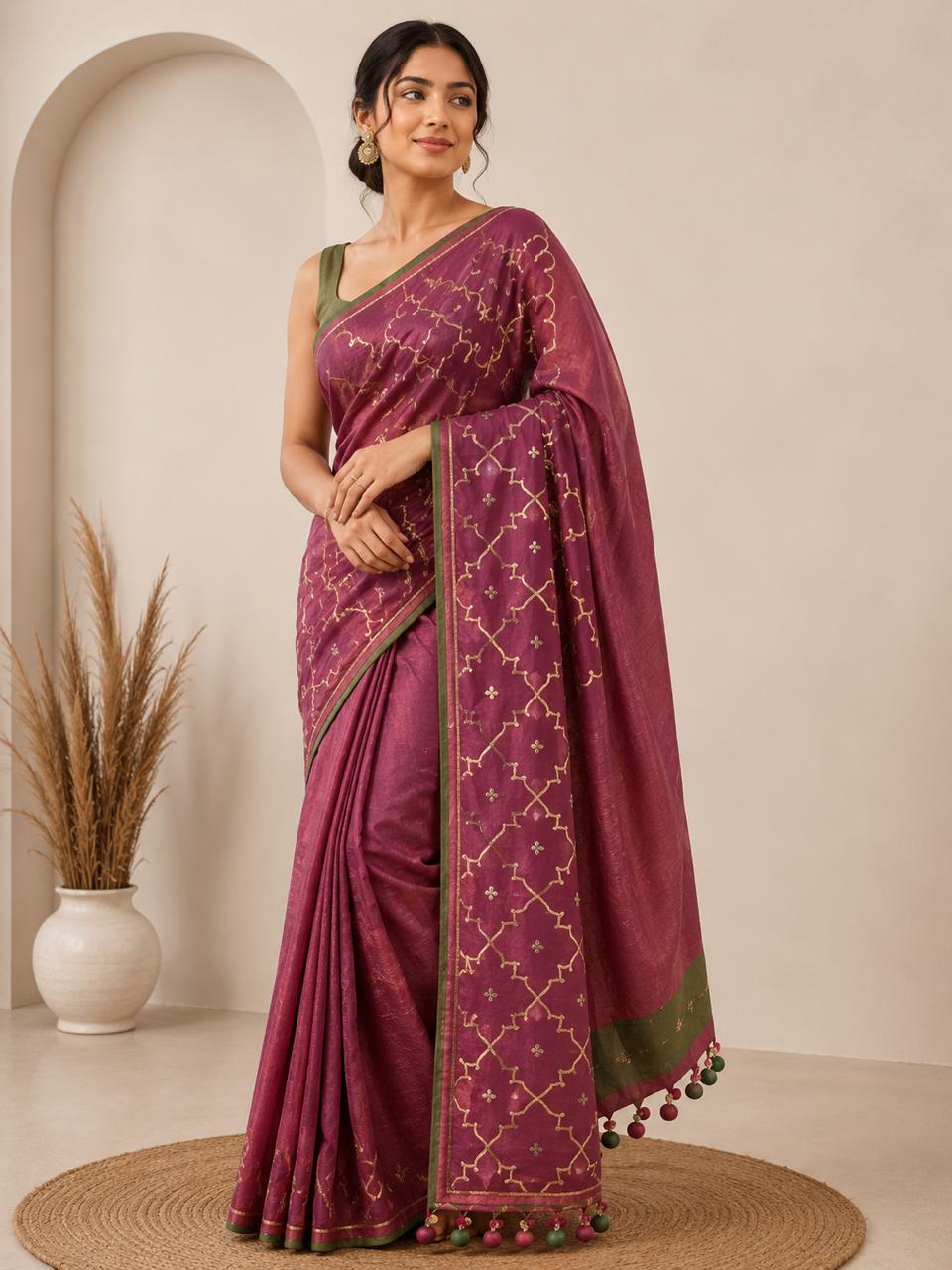 Maroon Chanderi Gotta Work Saree - Charkha TalesMaroon Chanderi Gotta Work Saree