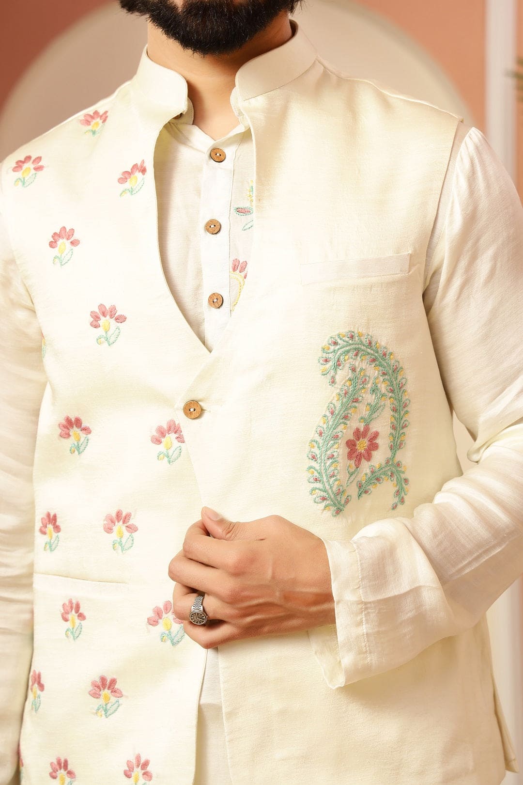 Men Chikankari Kurta With Jacket - Cream - Charkha TalesMen Chikankari Kurta With Jacket - Cream