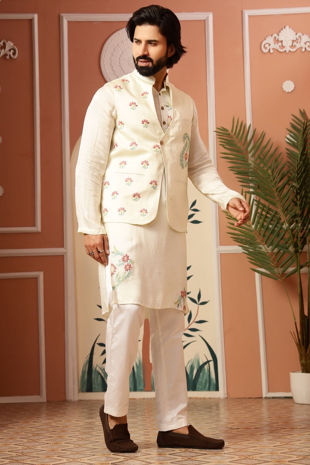 Men Chikankari Kurta With Jacket - Cream - Charkha TalesMen Chikankari Kurta With Jacket - Cream