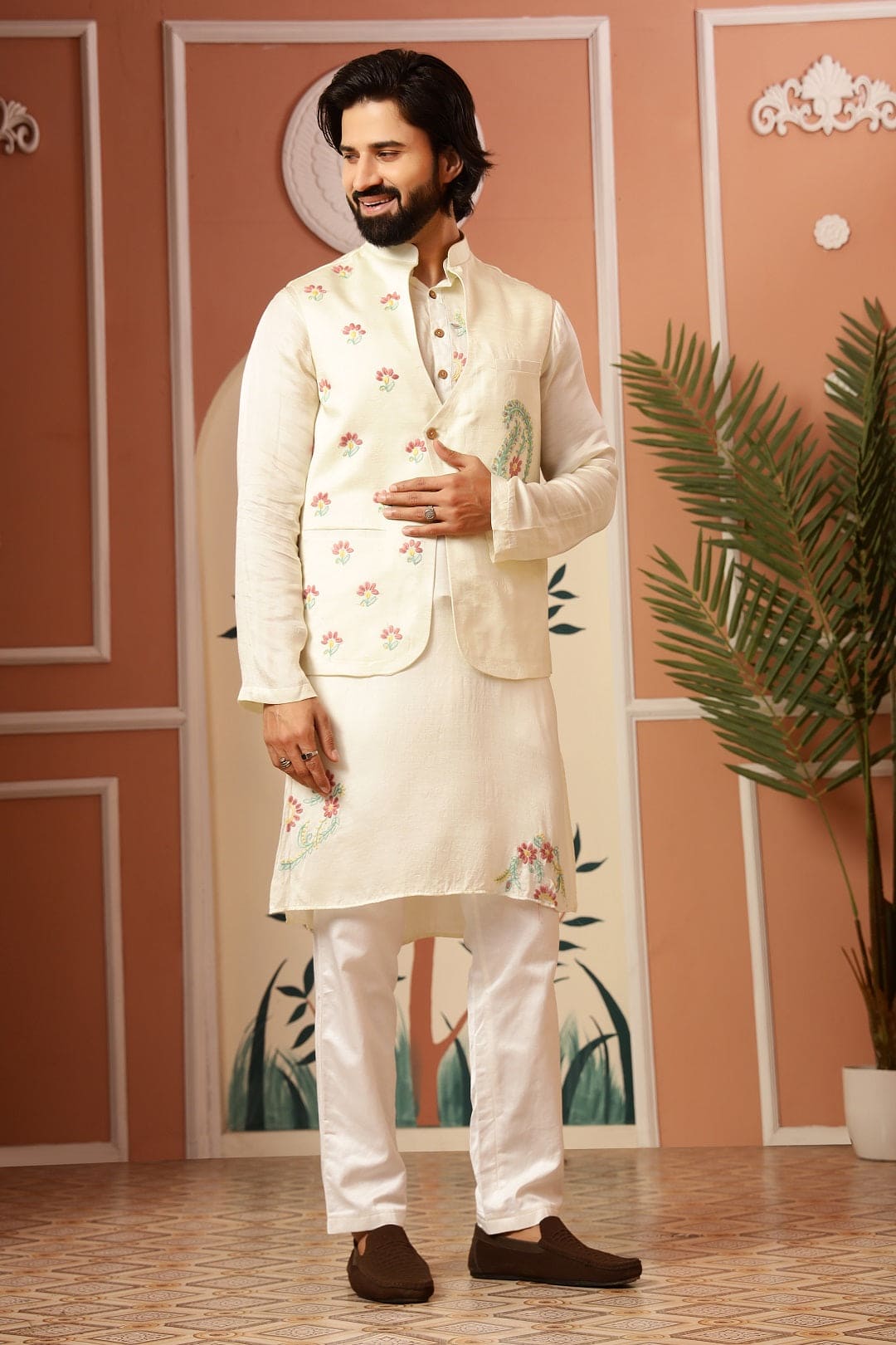 Men Chikankari Kurta With Jacket - Cream - Charkha TalesMen Chikankari Kurta With Jacket - Cream