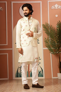 Men Chikankari Kurta With Jacket - Cream