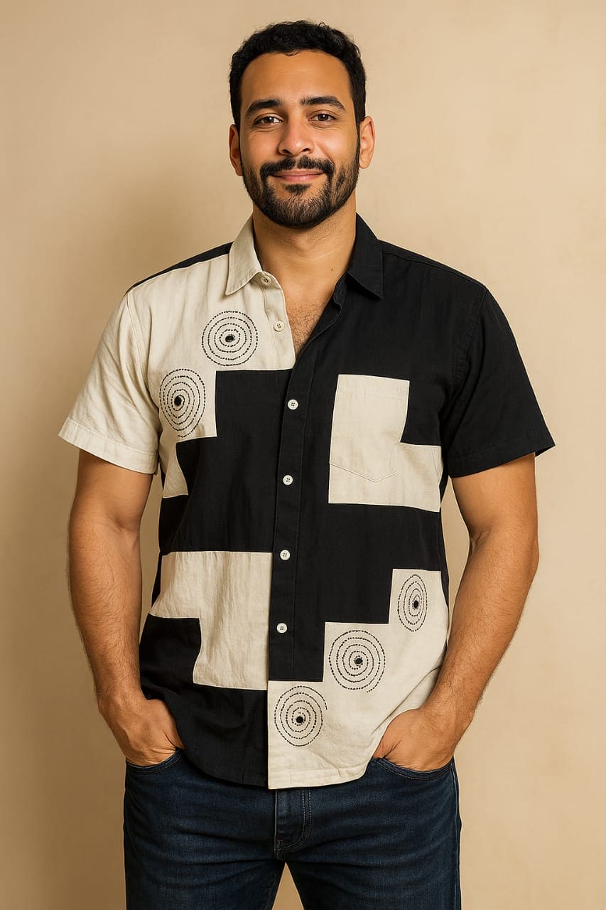 MEN KANTHA SHIRT - BLACK AND WHITE - Charkha TalesMEN KANTHA SHIRT - BLACK AND WHITE