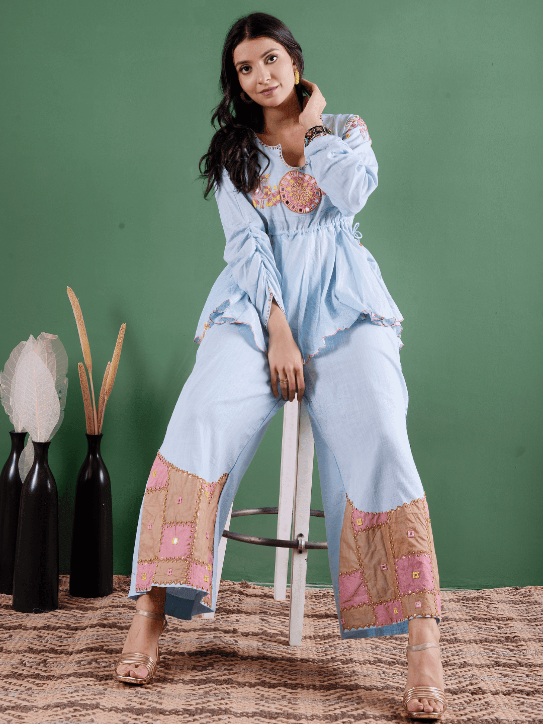 Mirror Work Co - Ord Set - Dust Blue - Charkha TalesMirror Work Co - Ord Set - Dust Blue