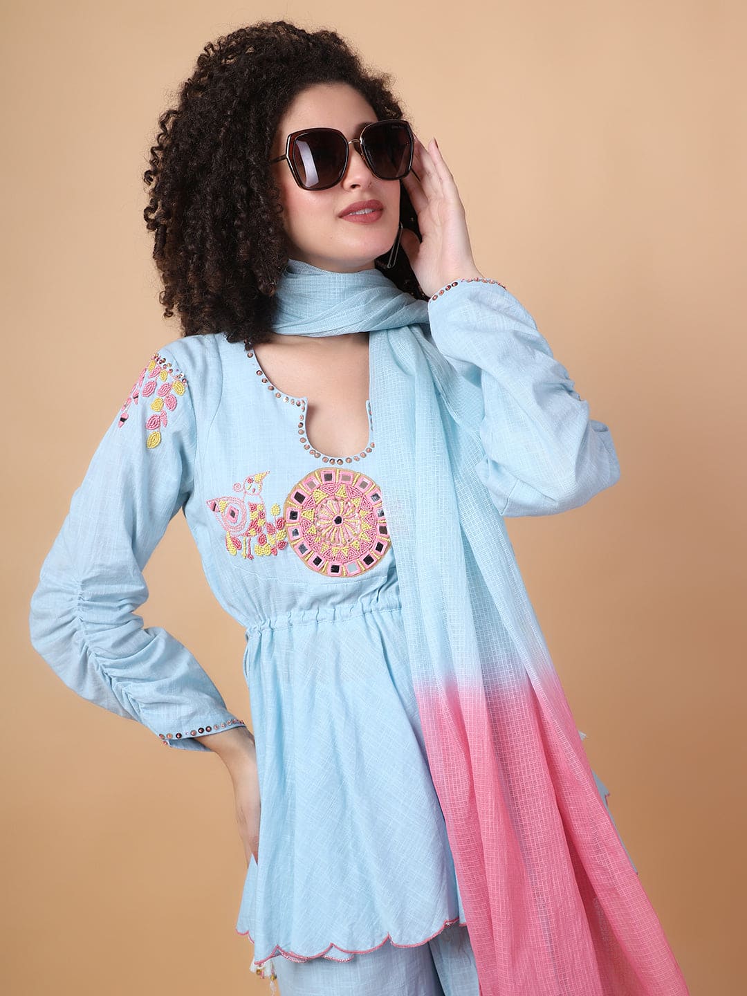 Mirror Work Co - Ord Set - Dust Blue - Charkha TalesMirror Work Co - Ord Set - Dust Blue