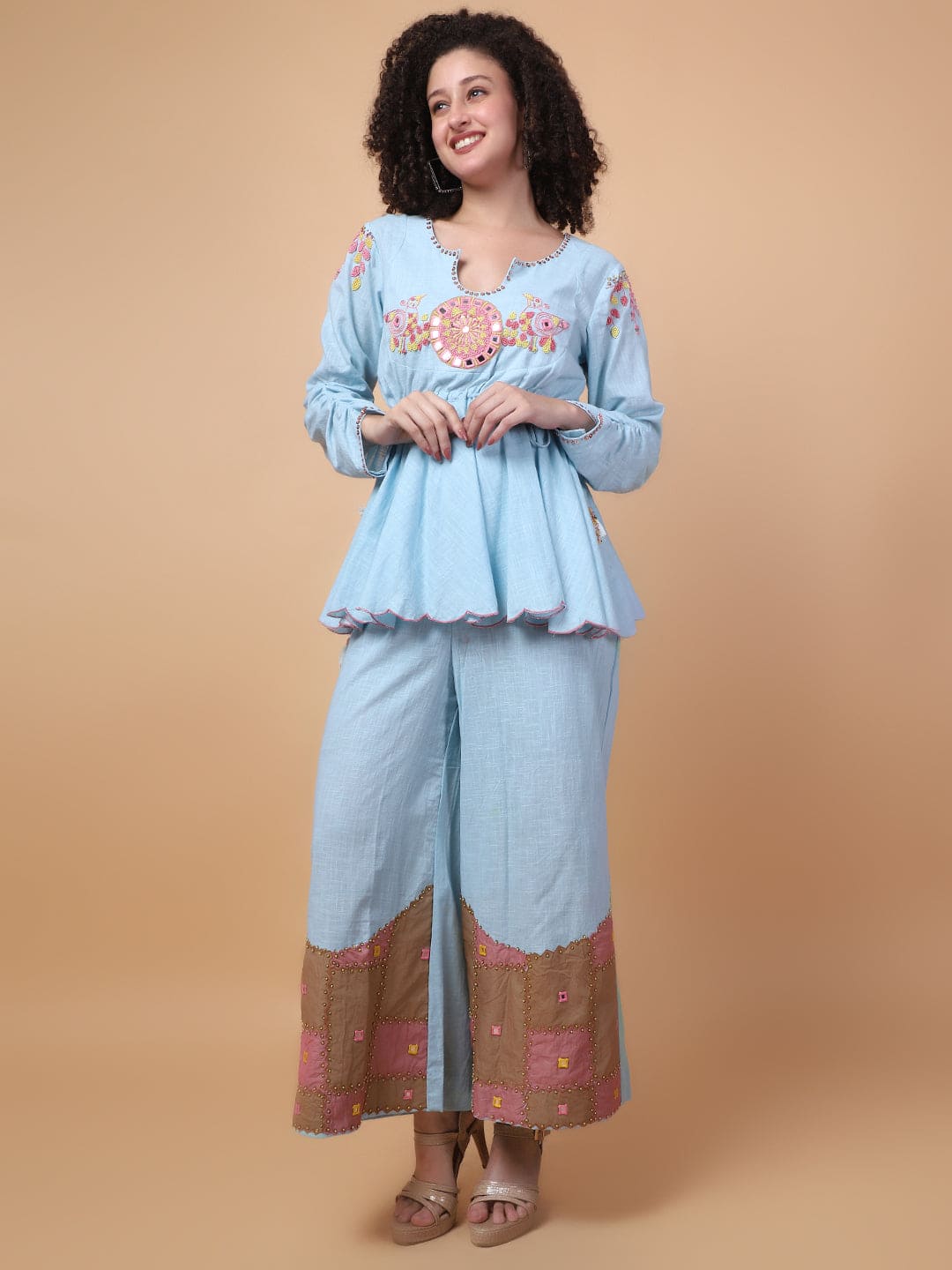 Mirror Work Co - Ord Set - Dust Blue - Charkha TalesMirror Work Co - Ord Set - Dust Blue