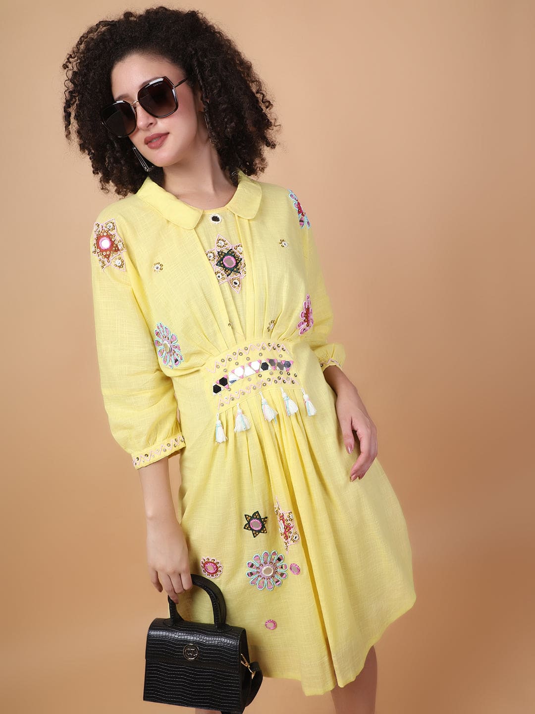 Mirror Work Dress - Yellow - Charkha TalesMirror Work Dress - Yellow