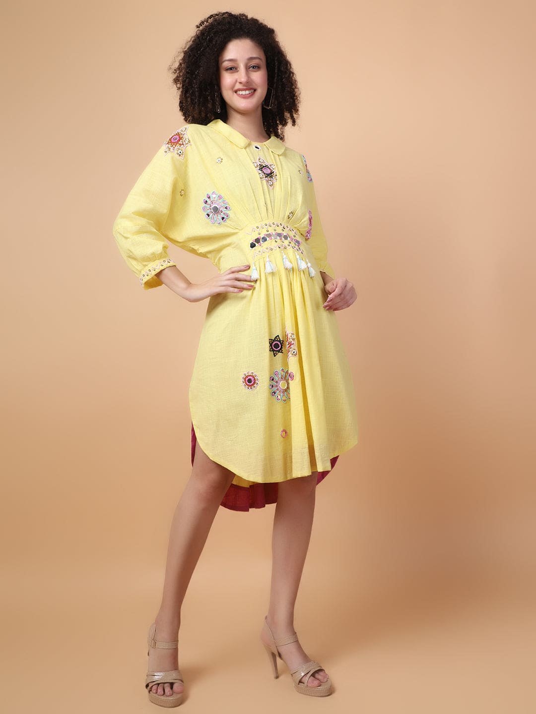 Mirror Work Dress - Yellow - Charkha TalesMirror Work Dress - Yellow