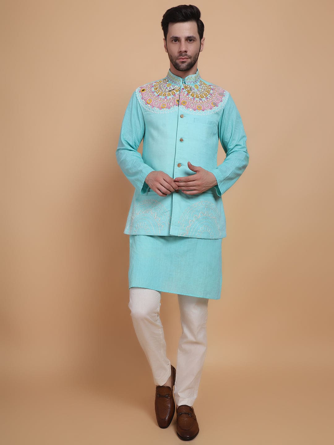 Mirror Work Kurta Set - Aqua Blue - Charkha TalesMirror Work Kurta Set - Aqua Blue
