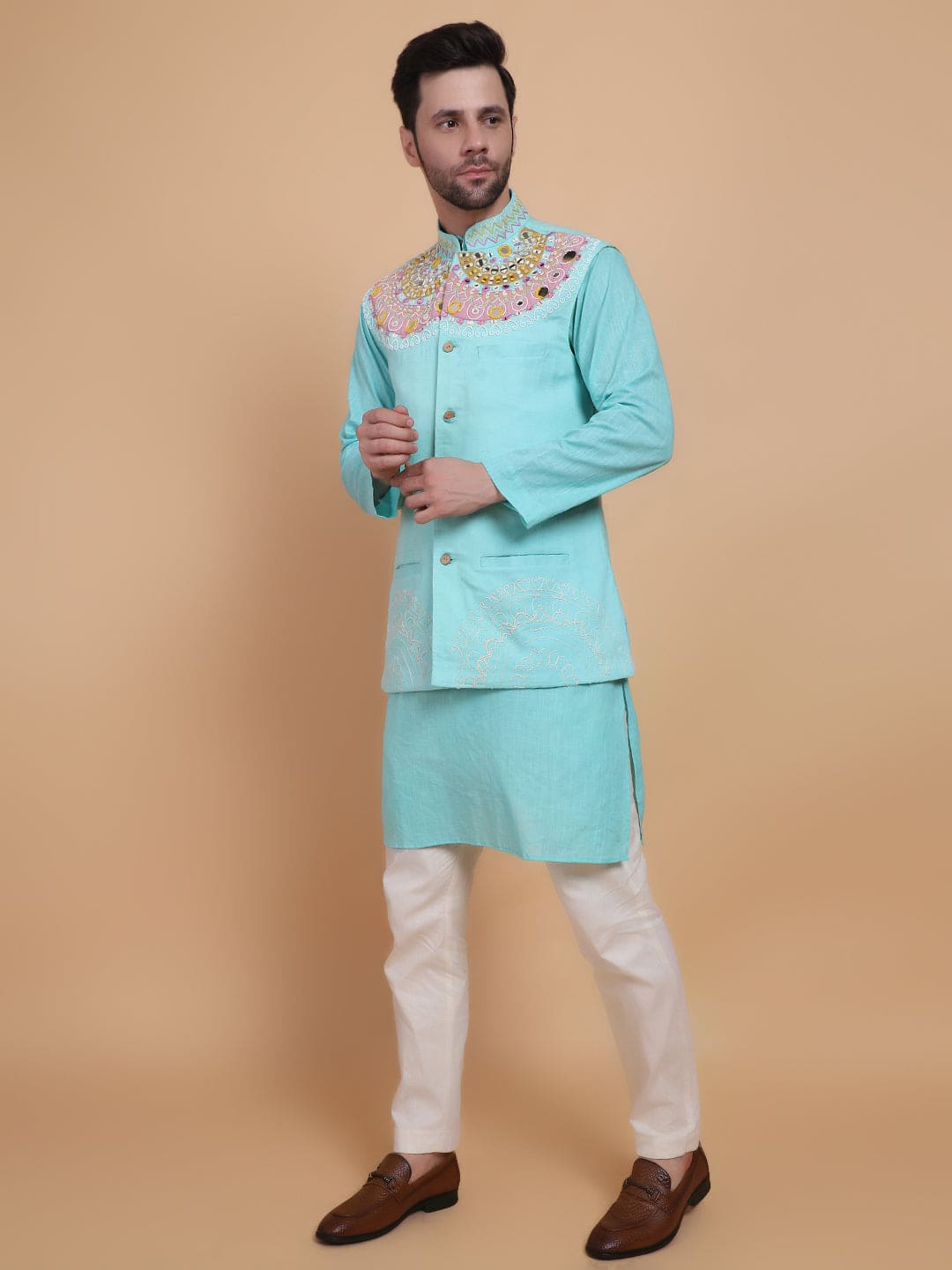 Mirror Work Kurta Set - Aqua Blue - Charkha TalesMirror Work Kurta Set - Aqua Blue