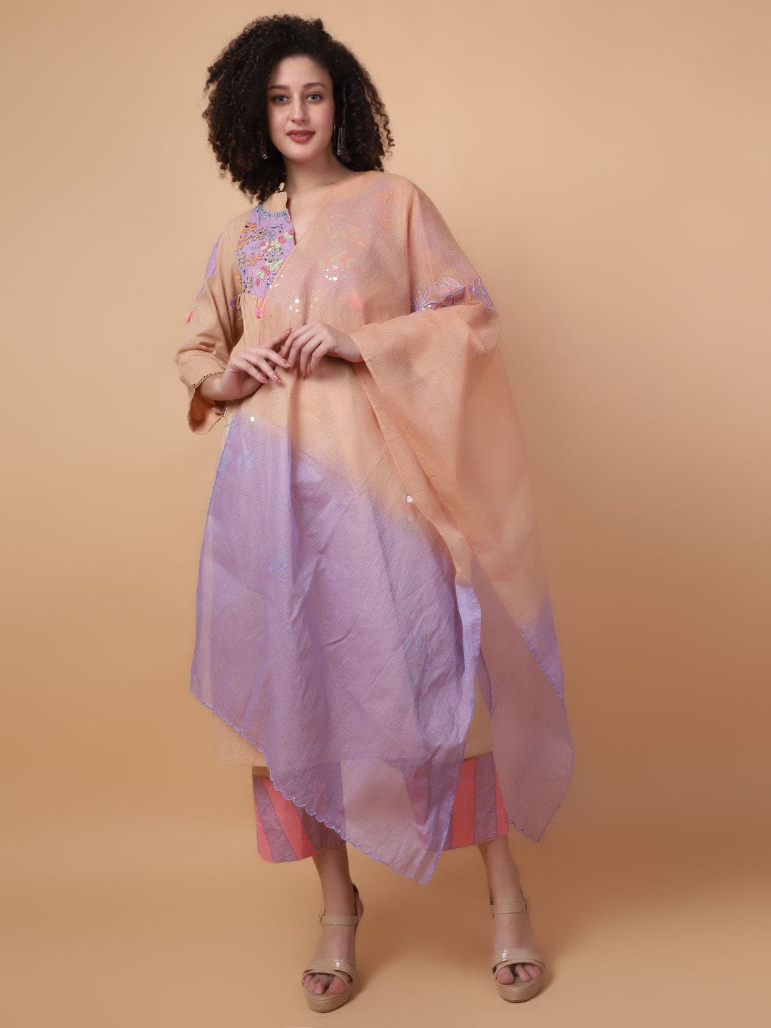 Mirror Work Kurta Set - Beige - Charkha TalesMirror Work Kurta Set - Beige