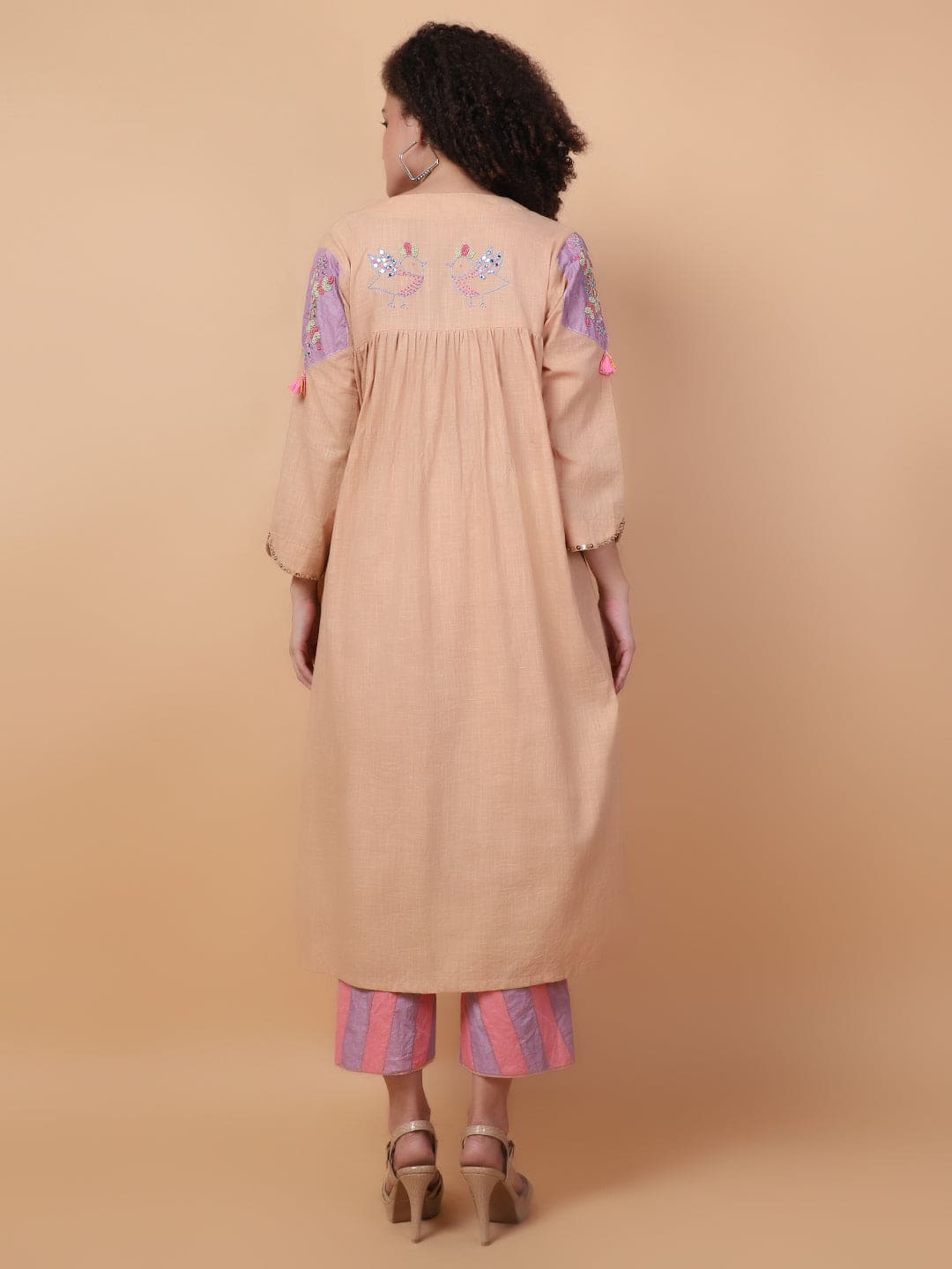 Mirror Work Kurta Set - Beige - Charkha TalesMirror Work Kurta Set - Beige