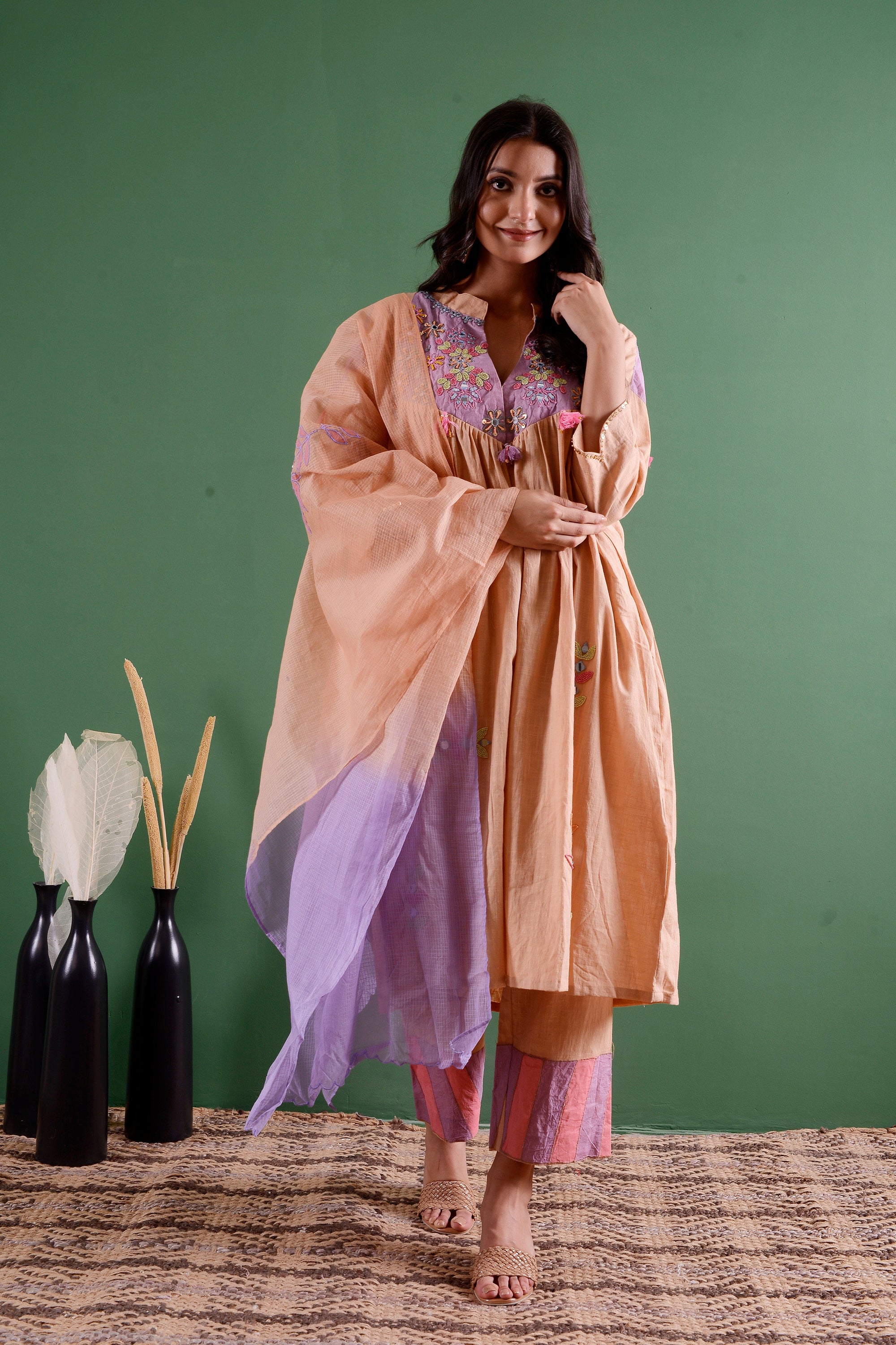 Mirror Work Kurta Set - Beige - Charkha TalesMirror Work Kurta Set - Beige