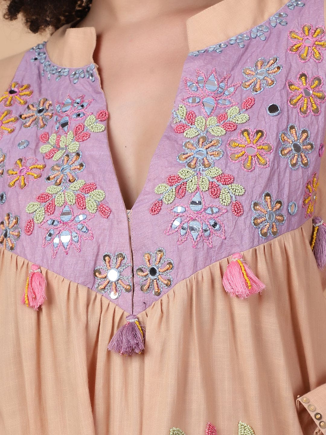 Mirror Work Kurta Set - Beige - Charkha TalesMirror Work Kurta Set - Beige