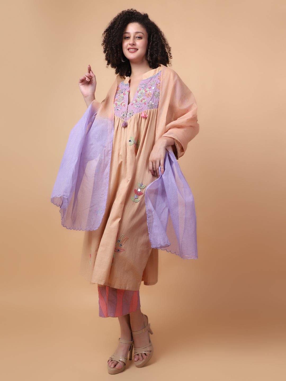 Mirror Work Kurta Set - Beige - Charkha TalesMirror Work Kurta Set - Beige