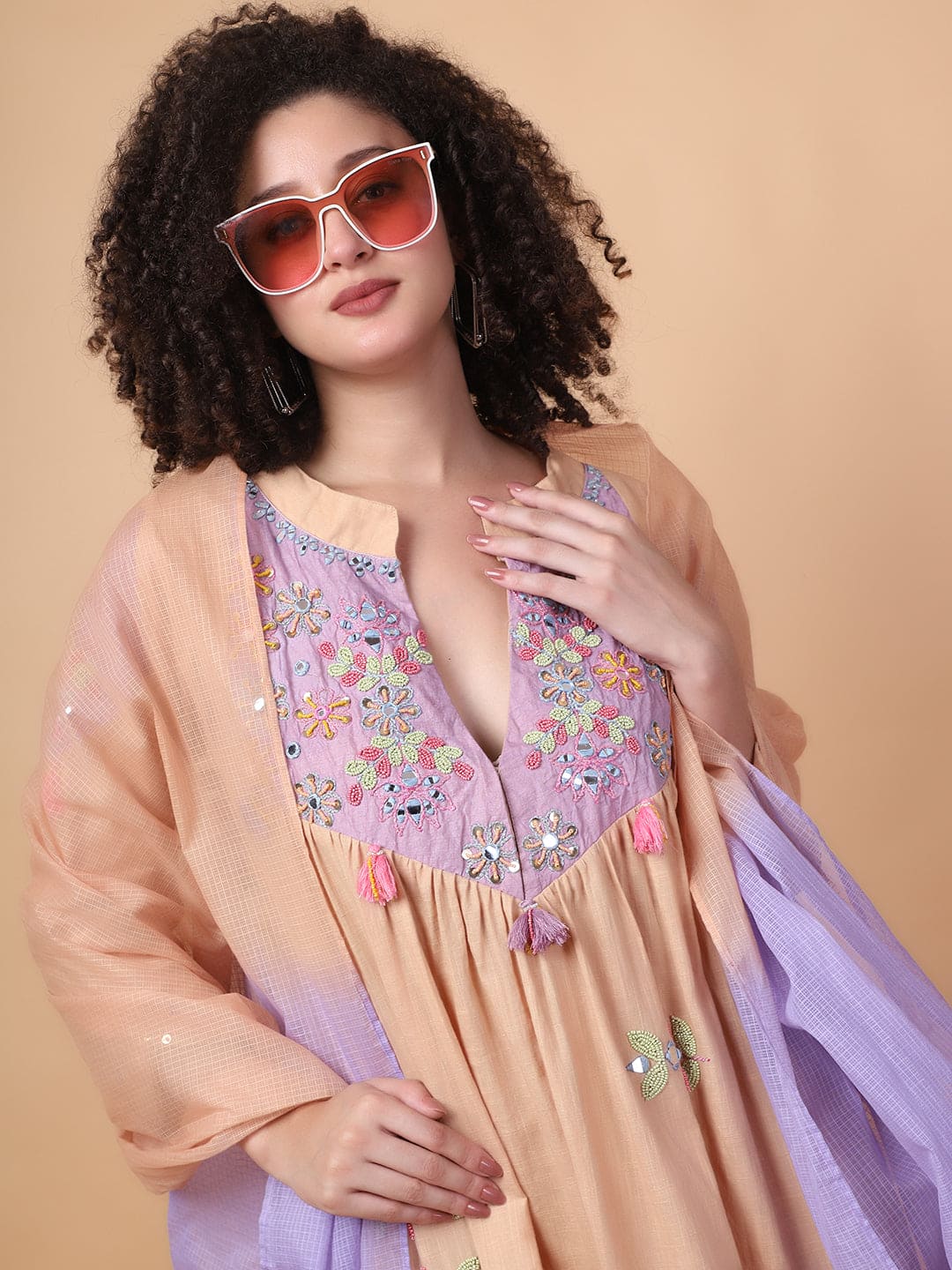 Mirror Work Kurta Set - Beige - Charkha TalesMirror Work Kurta Set - Beige