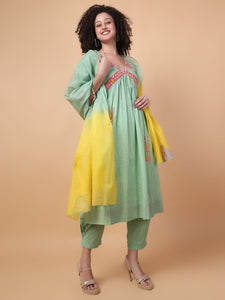 Mirror Work Kurta Set  -  Green