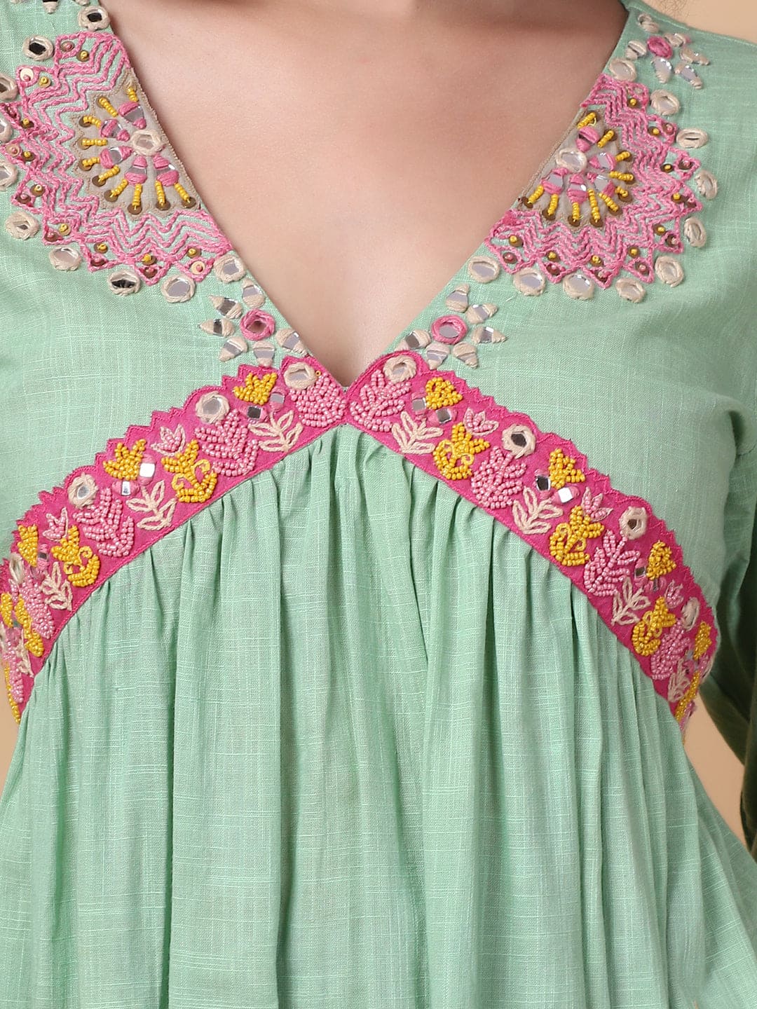 Mirror Work Kurta Set - Green - Charkha TalesMirror Work Kurta Set - Green