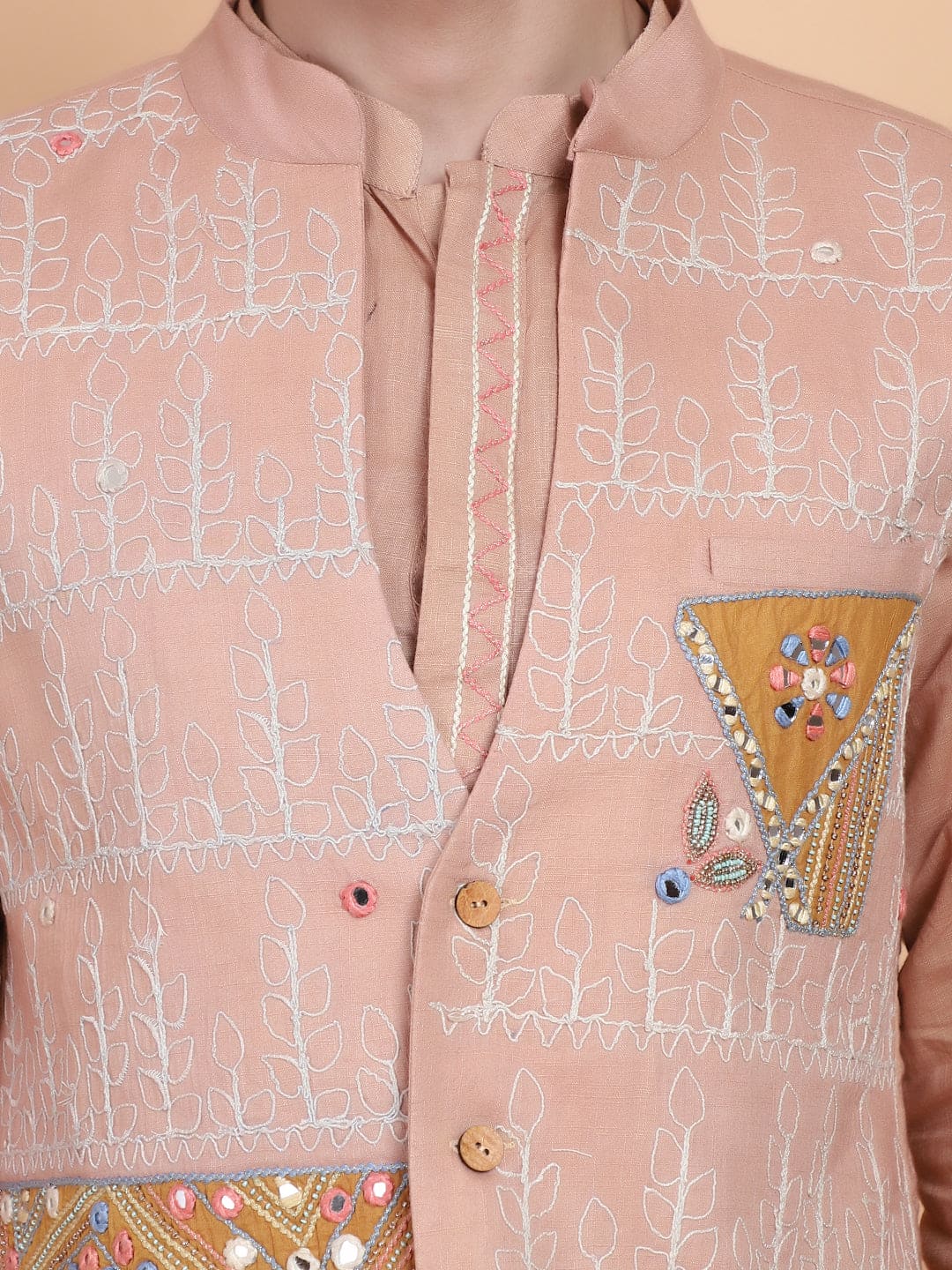 Mirror Work Men Kurta Set - Beige - Charkha TalesMirror Work Men Kurta Set - Beige