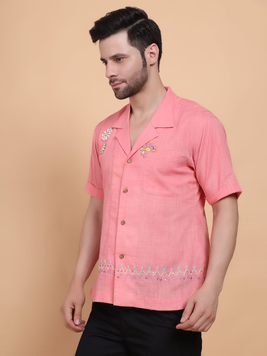 Mirror Work Men Shirt - Pink - Charkha TalesMirror Work Men Shirt - Pink