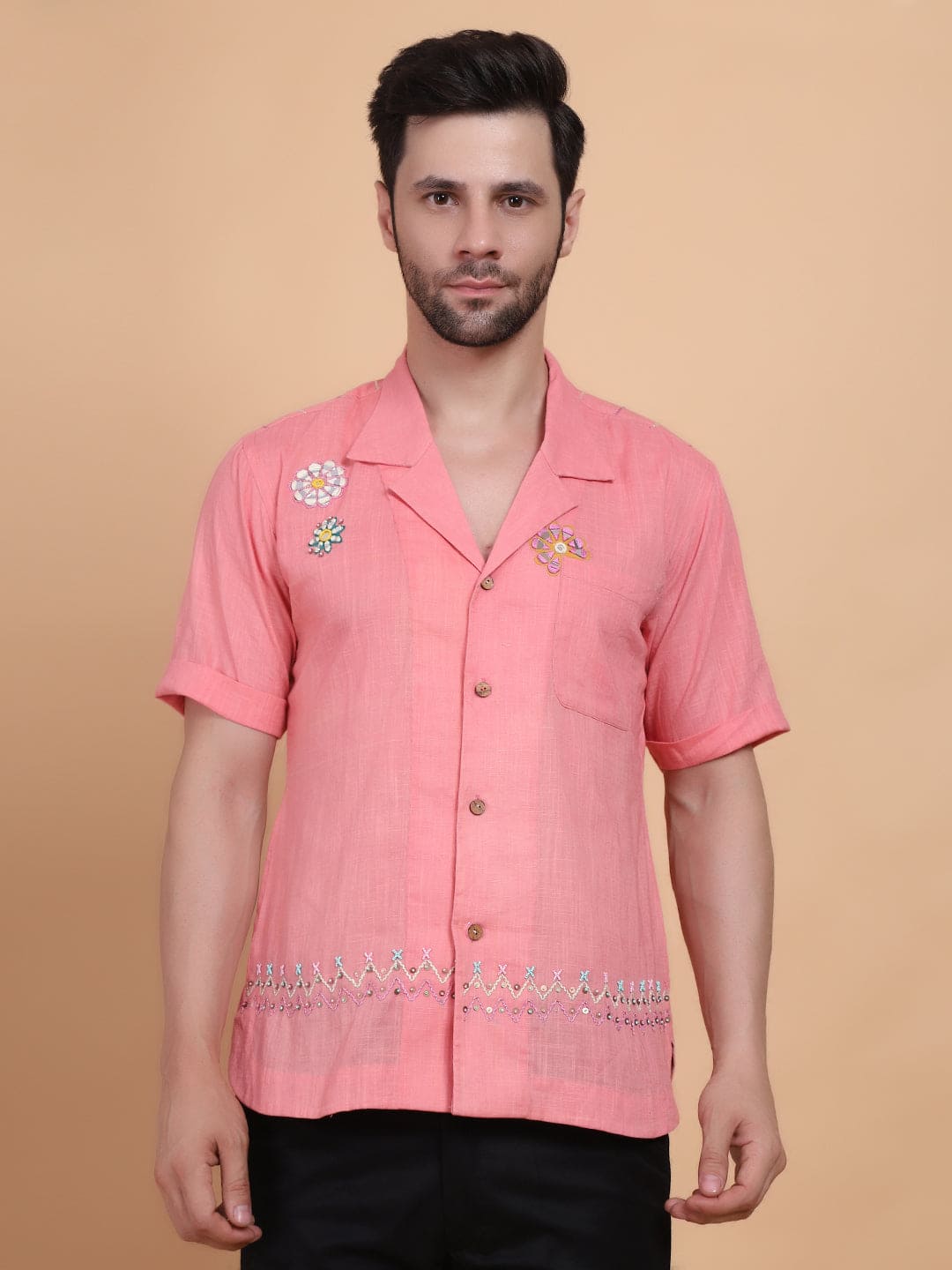 Mirror Work Men Shirt - Pink - Charkha TalesMirror Work Men Shirt - Pink