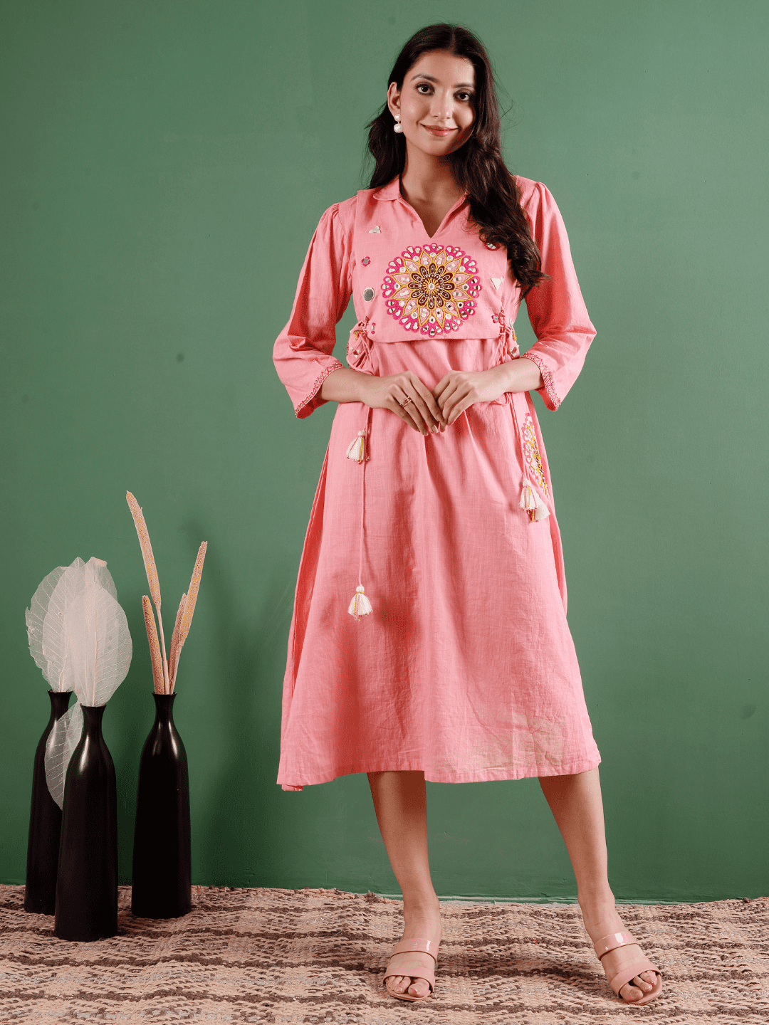 Mirror Work Women Dress - Salmon Pink - Charkha TalesMirror Work Women Dress - Salmon Pink