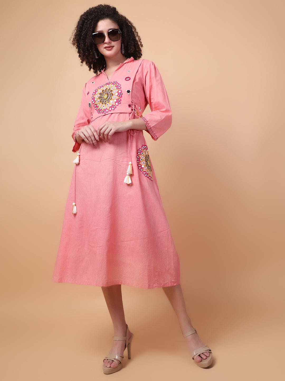 Mirror Work Women Dress - Salmon Pink - Charkha TalesMirror Work Women Dress - Salmon Pink