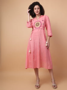 Mirror Work Women Dress - Salmon Pink