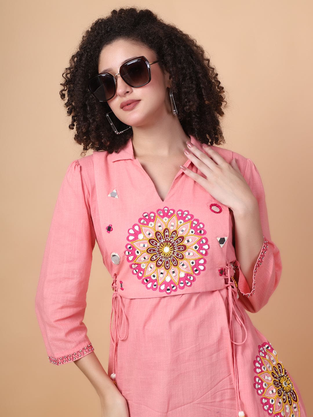 Mirror Work Women Dress - Salmon Pink - Charkha TalesMirror Work Women Dress - Salmon Pink