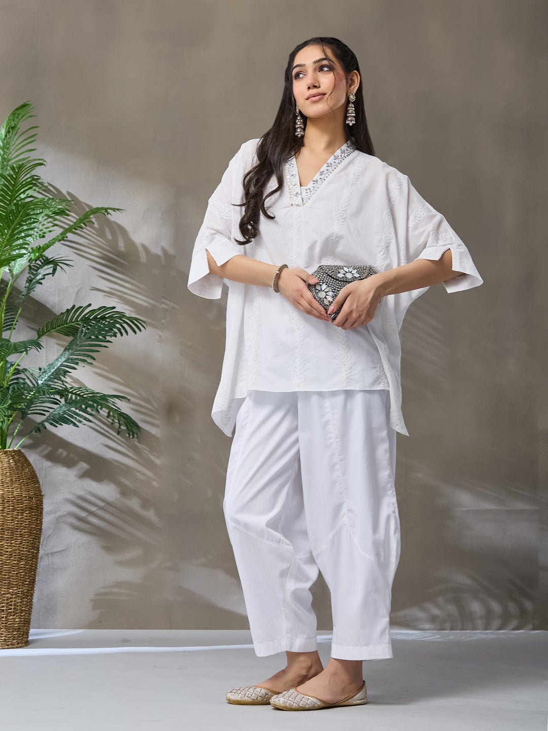 Mukaish & Chikan Short Kurta Set - White - Charkha TalesMukaish & Chikan Short Kurta Set - White