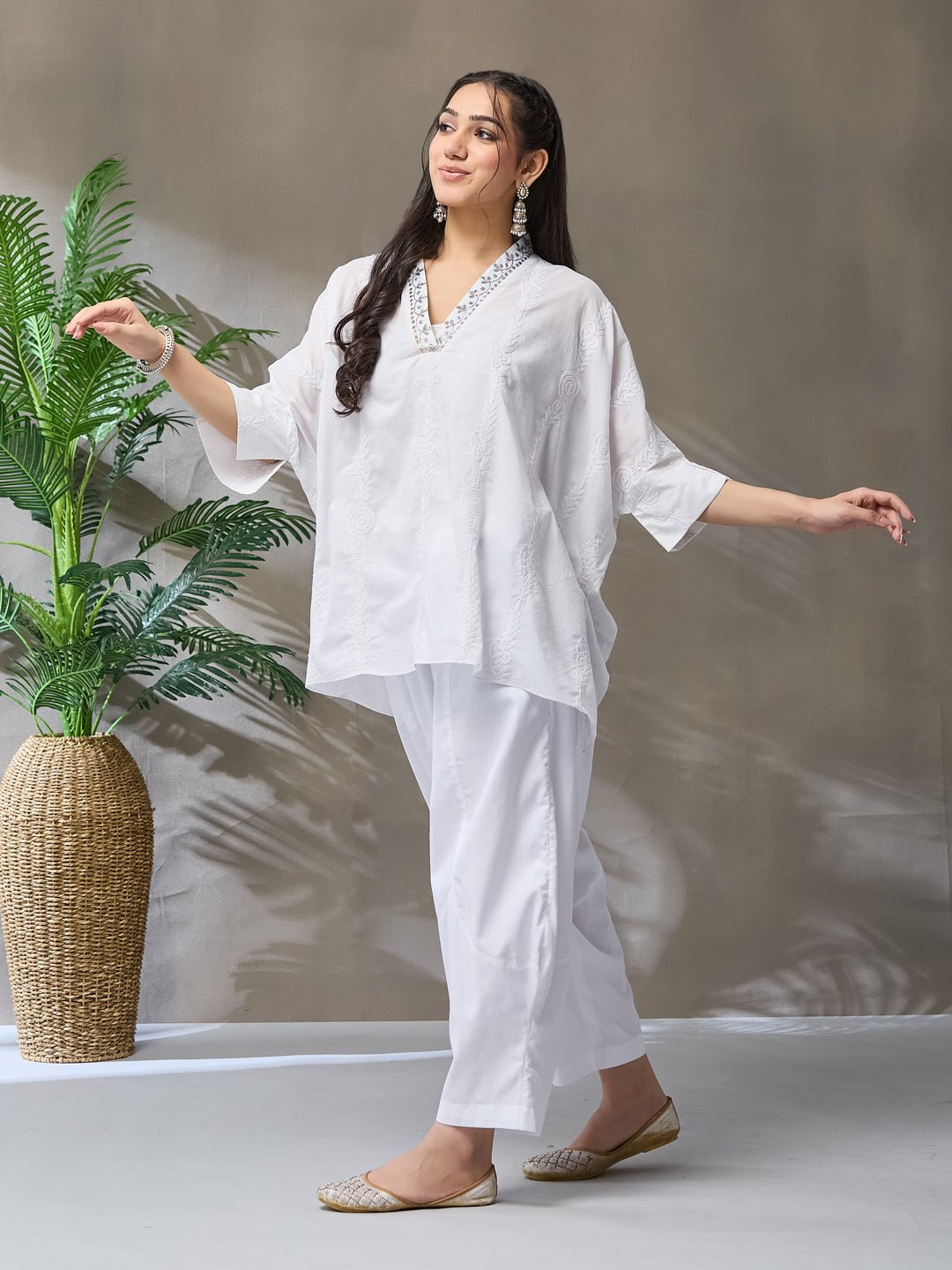 Mukaish & Chikan Short Kurta Set - White - Charkha TalesMukaish & Chikan Short Kurta Set - White