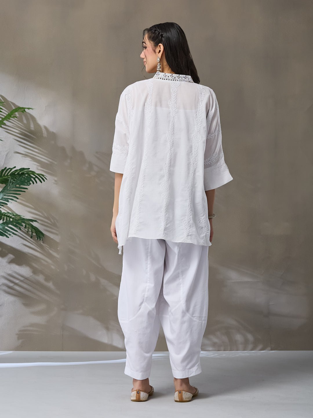 Mukaish & Chikan Short Kurta Set - White - Charkha TalesMukaish & Chikan Short Kurta Set - White