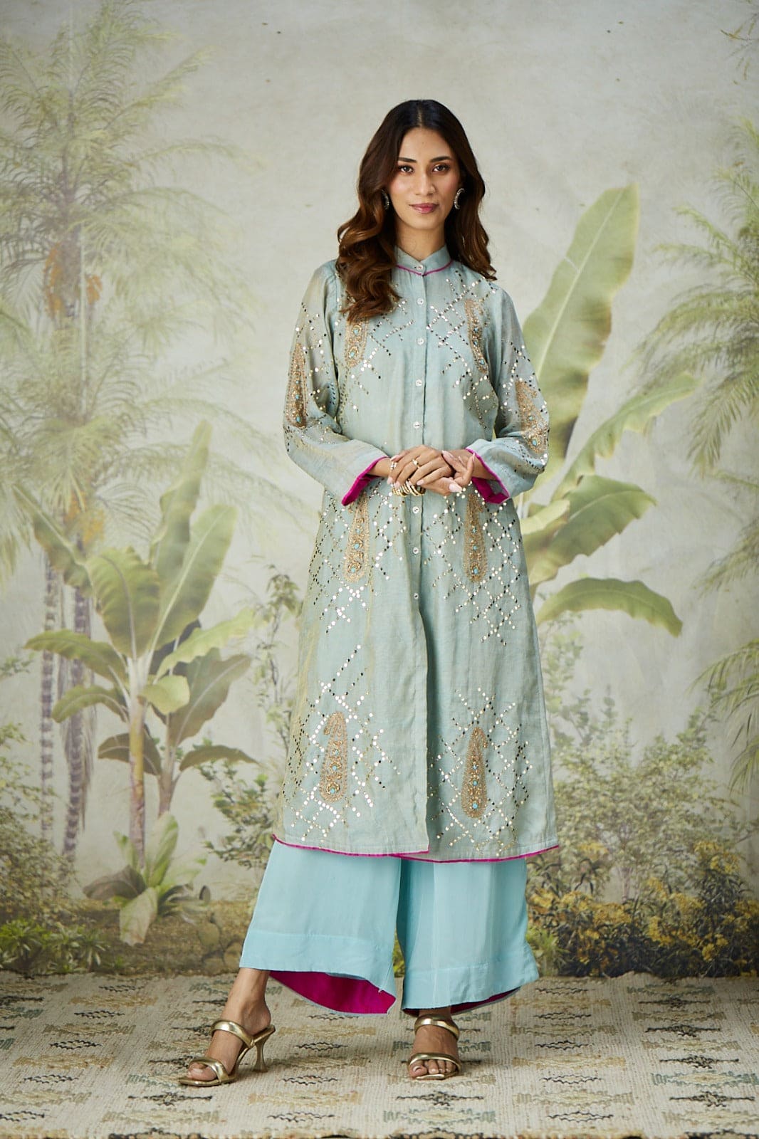 Mukaish Co - Ord Set With Overlay - Sky Blue - Charkha TalesMukaish Co - Ord Set With Overlay - Sky Blue