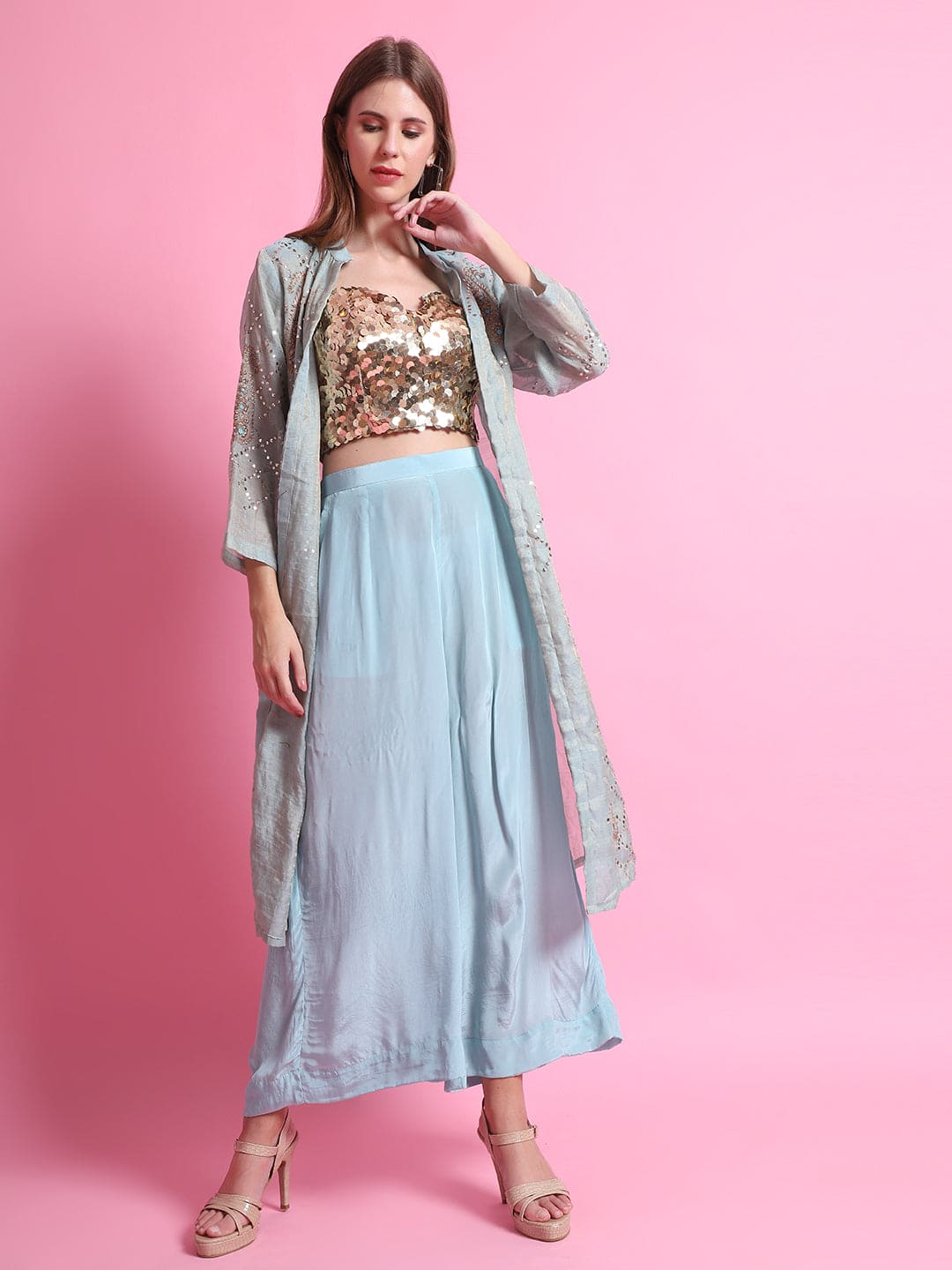 Mukaish Co - Ord Set With Overlay - Sky Blue - Charkha TalesMukaish Co - Ord Set With Overlay - Sky Blue