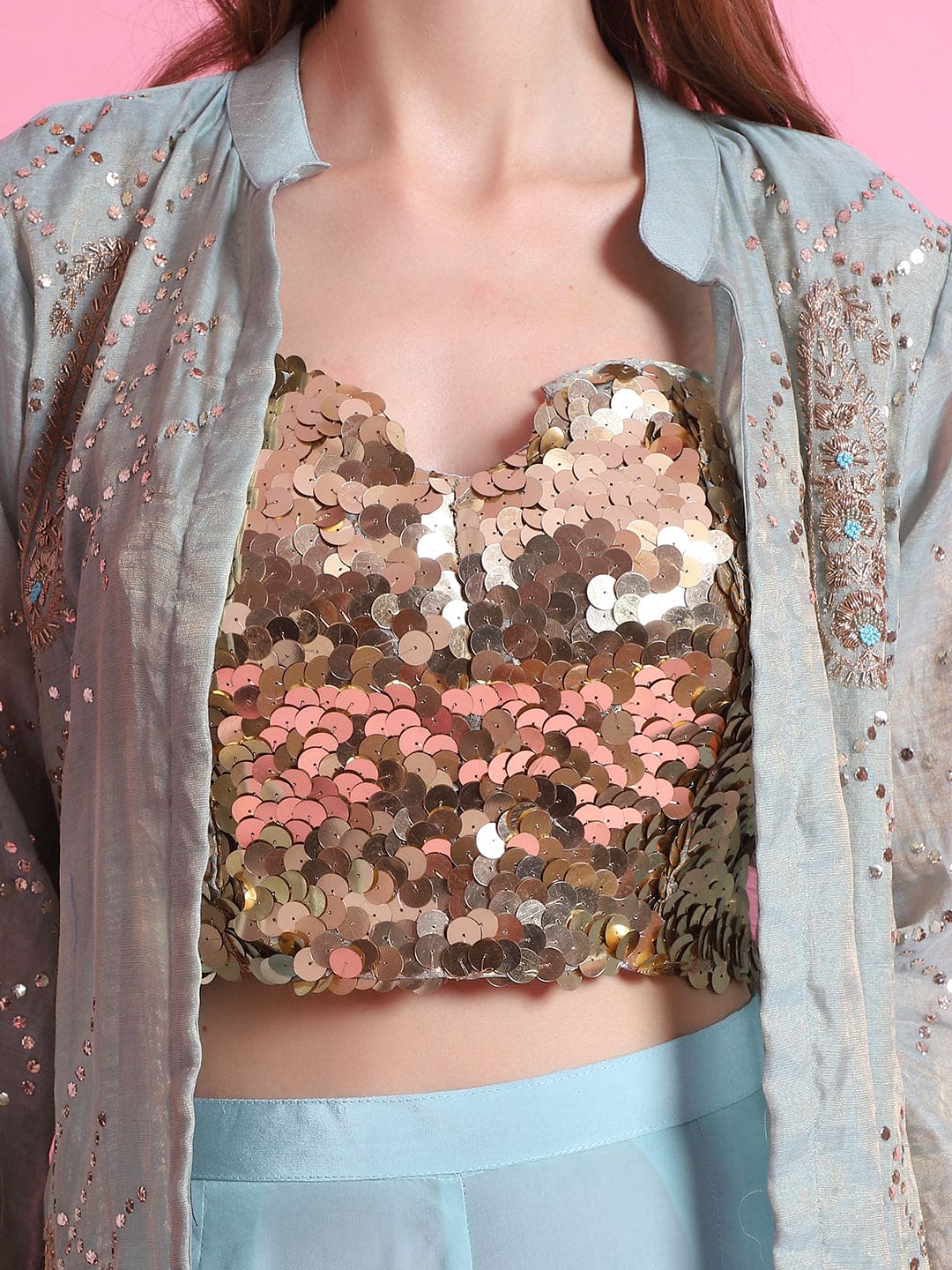 Mukaish Co - Ord Set With Overlay - Sky Blue - Charkha TalesMukaish Co - Ord Set With Overlay - Sky Blue