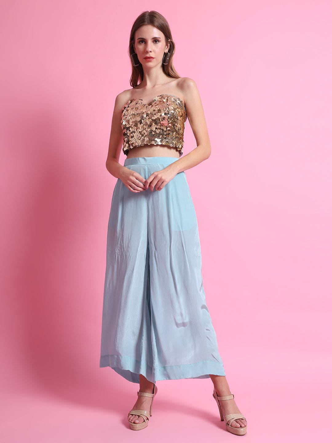 Mukaish Co - Ord Set With Overlay - Sky Blue - Charkha TalesMukaish Co - Ord Set With Overlay - Sky Blue