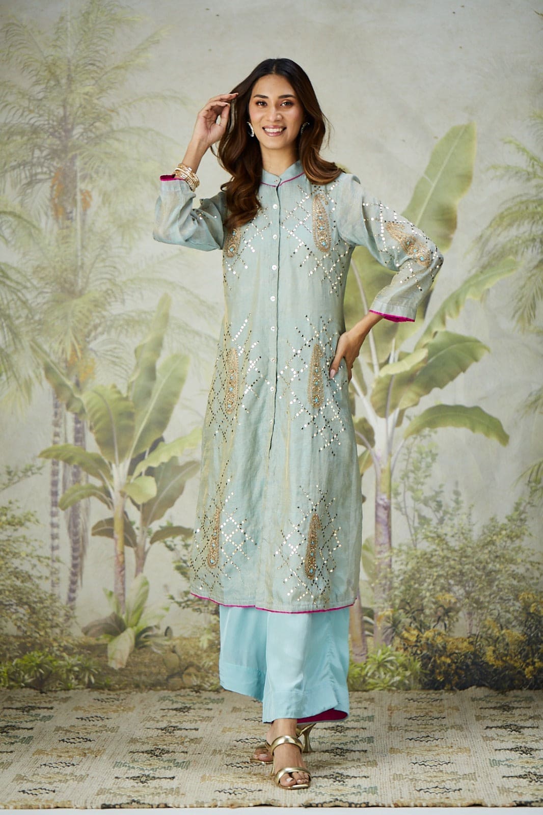 Mukaish Co - Ord Set With Overlay - Sky Blue - Charkha TalesMukaish Co - Ord Set With Overlay - Sky Blue