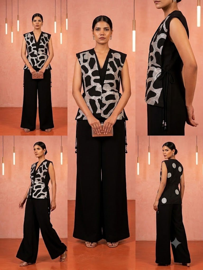 Mukaish & Patch Work Jumpsuit With Jacket - Black - Charkha TalesMukaish & Patch Work Jumpsuit With Jacket - Black