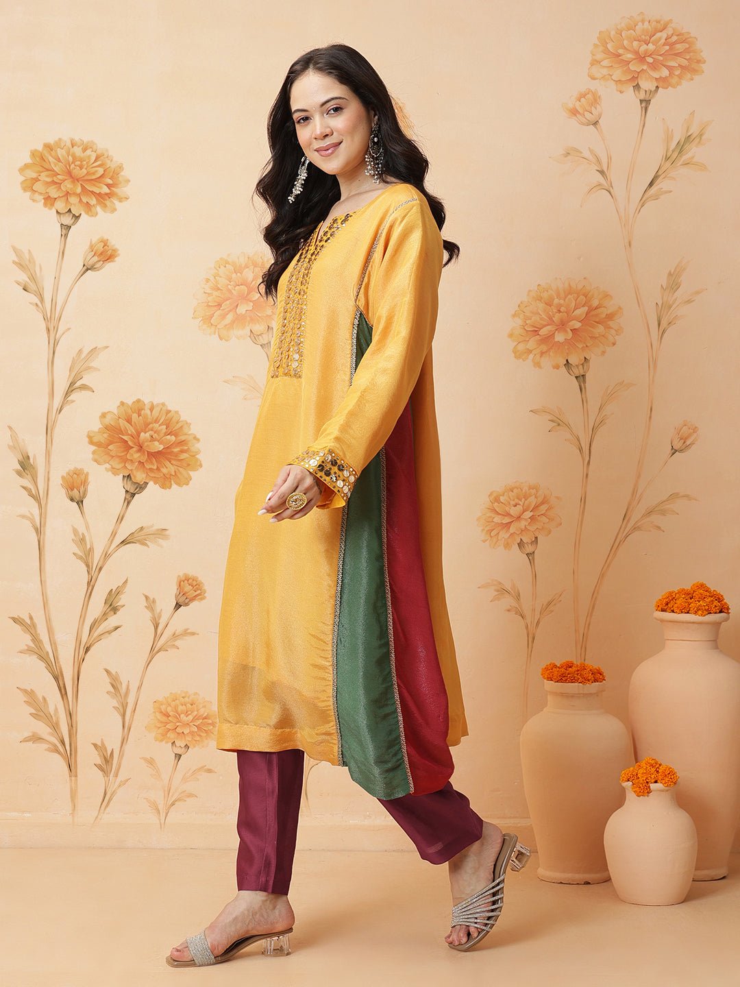 Mukaish Work Kurta Set - Yellow - Charkha TalesMukaish Work Kurta Set - Yellow