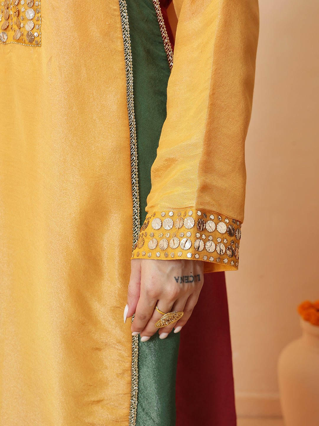 Mukaish Work Kurta Set - Yellow - Charkha TalesMukaish Work Kurta Set - Yellow