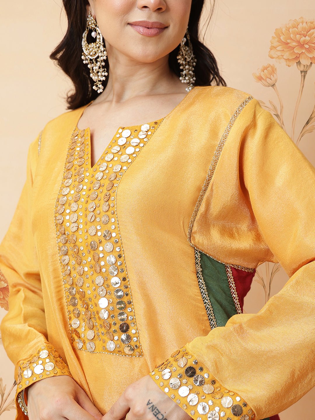 Mukaish Work Kurta Set - Yellow - Charkha TalesMukaish Work Kurta Set - Yellow