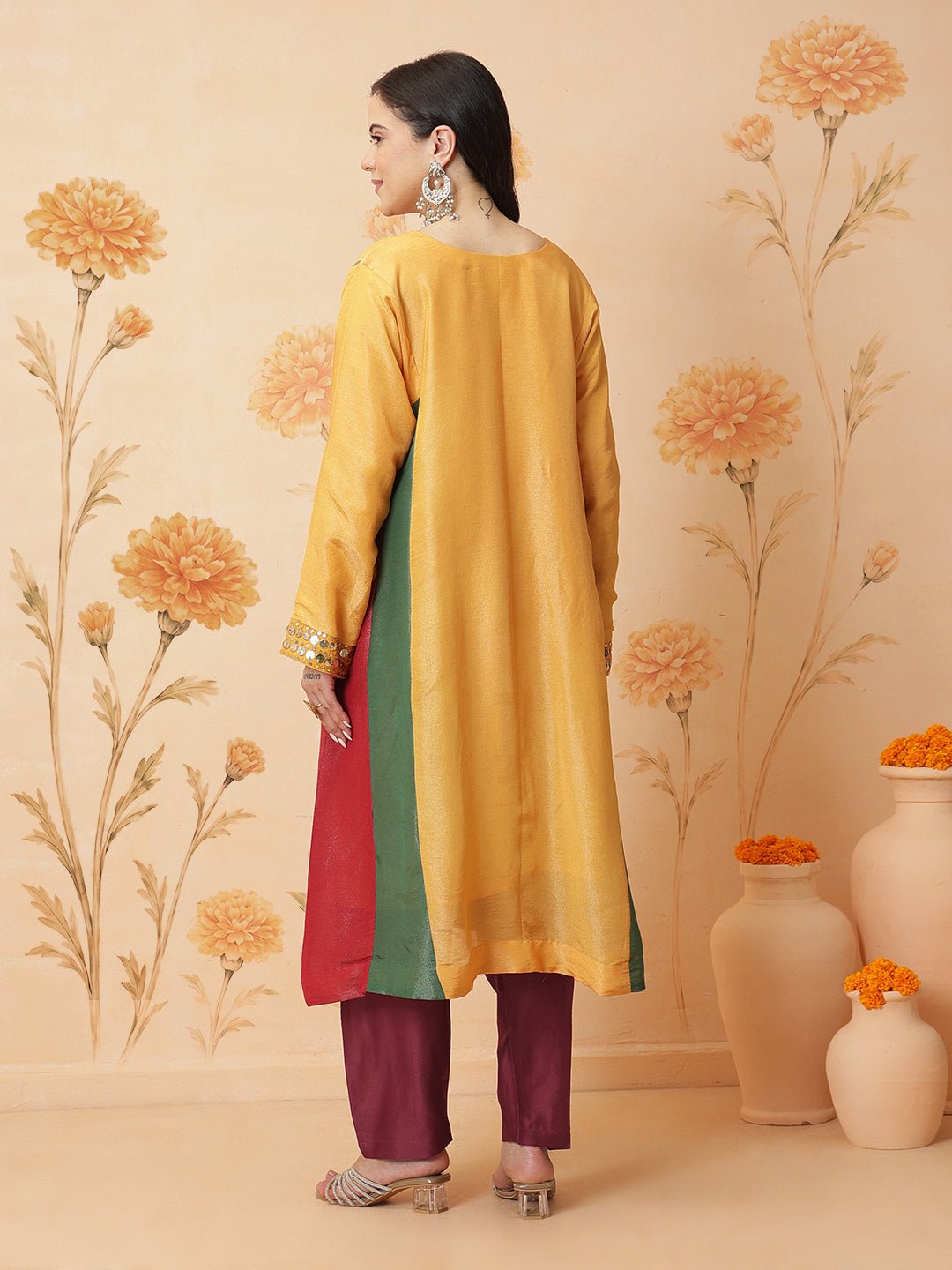 Mukaish Work Kurta Set - Yellow - Charkha TalesMukaish Work Kurta Set - Yellow