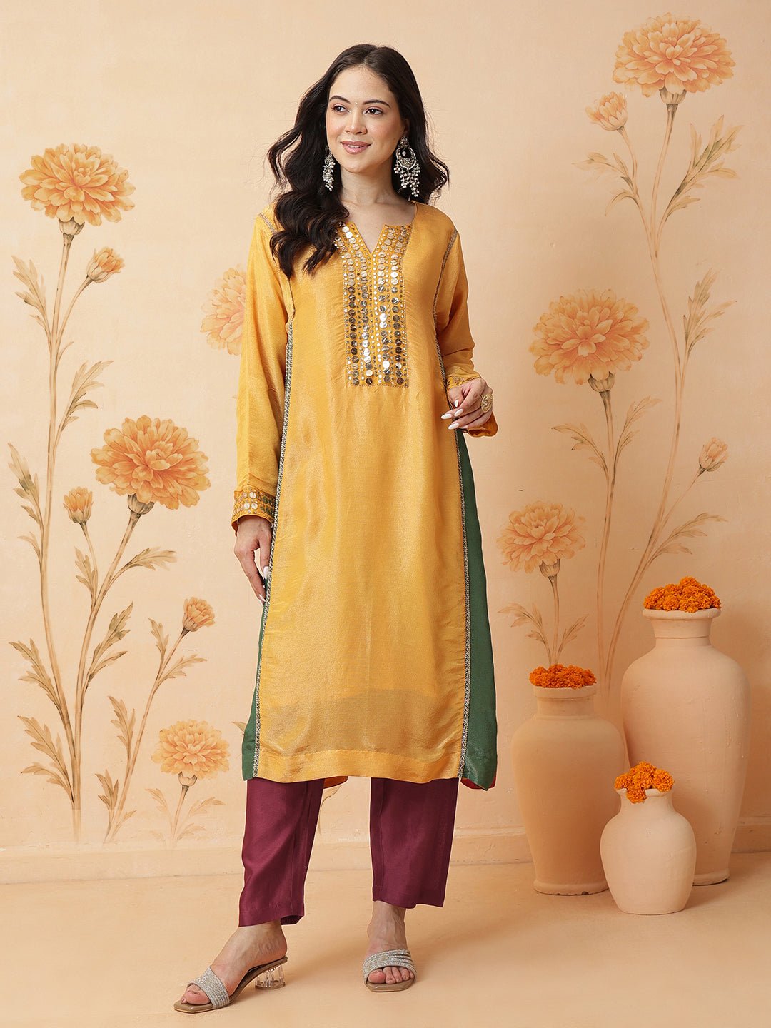 Mukaish Work Kurta Set - Yellow - Charkha TalesMukaish Work Kurta Set - Yellow