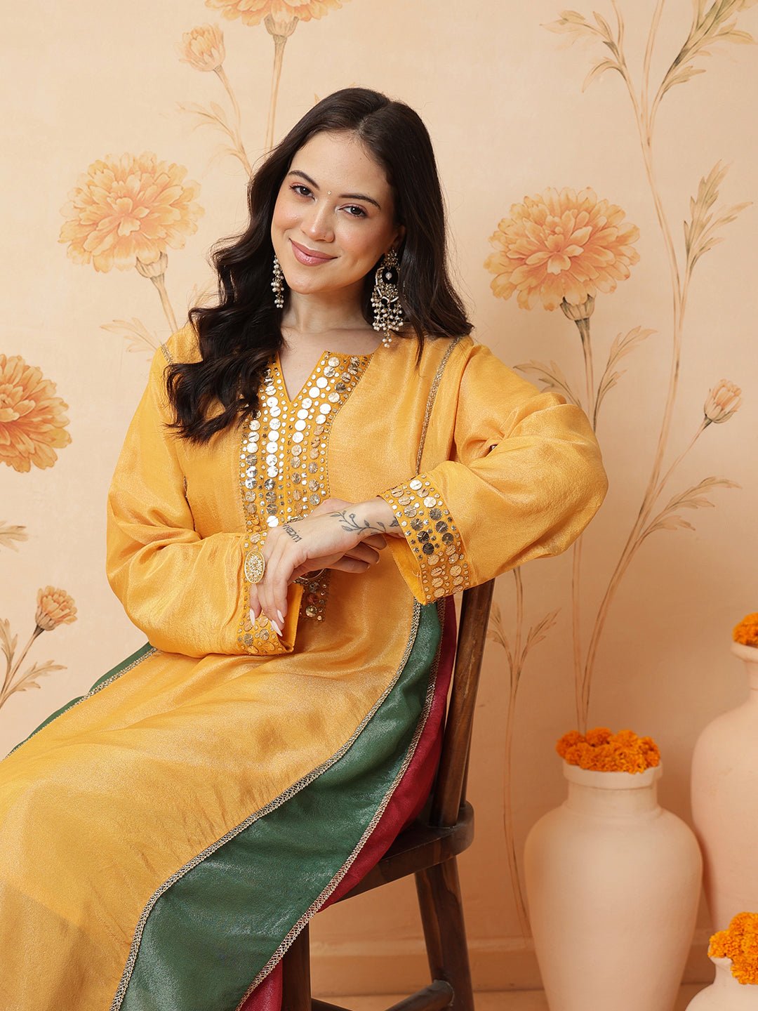 Mukaish Work Kurta Set - Yellow - Charkha TalesMukaish Work Kurta Set - Yellow