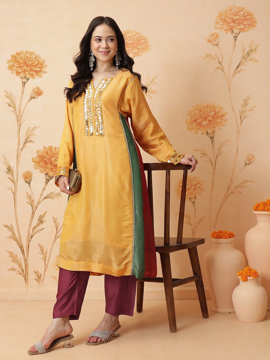 Mukaish Work Kurta Set - Yellow - Charkha TalesMukaish Work Kurta Set - Yellow