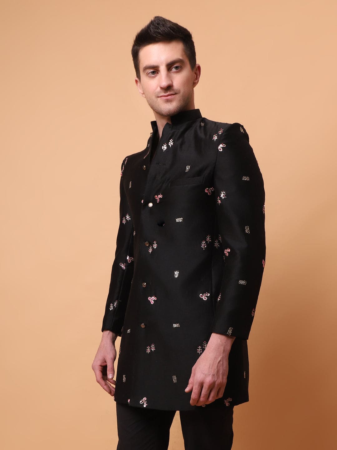 Mukaish Work Men Jacket with Pant - Black - Charkha TalesMukaish Work Men Jacket with Pant - Black